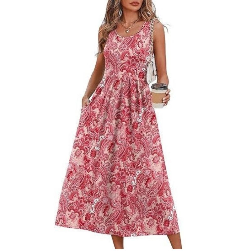 Womens Flowy Midi Dress, Casual Beach Vacation Sundress with Pockets