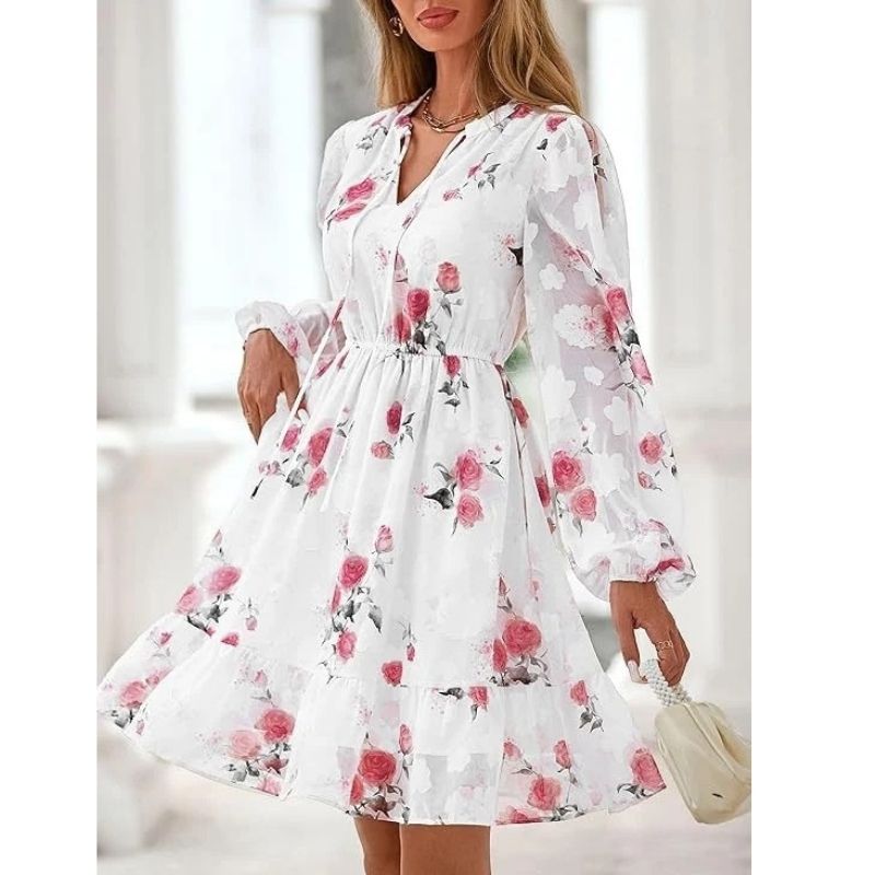 Womens Floral V-Neck Mini Dress - Long Sleeve Boho Flowy Dress