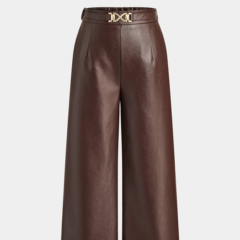 Straight Leg Faux Leather Pants with Elastic Waistband and Lined Interior