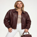 Faux Leather Jacket with Elastic Waistband and Full Lining, Long Sleeves