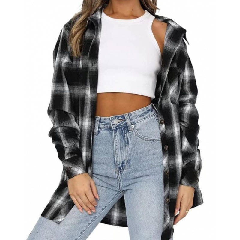 Womens Flannel Plaid Shirt, Soft Button Down Shirt, Roll Up Long Sleeve Flannel Plaid Blouse for Women