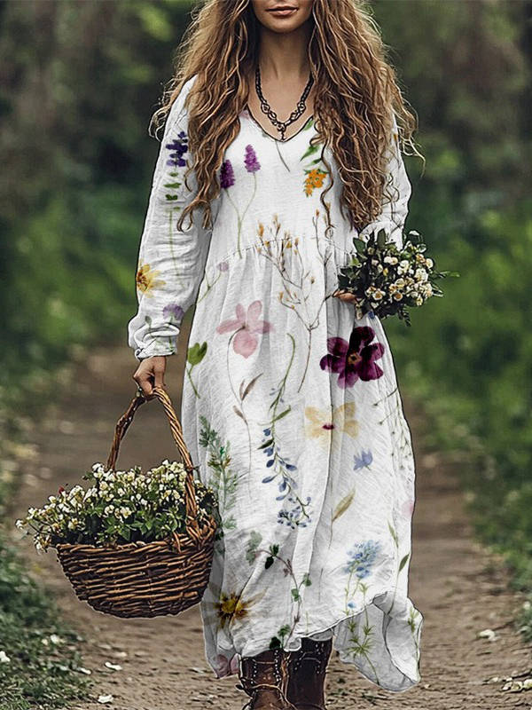 Womens Vintage Western Style V Neck Maxi Dress, Long Casual Dress for Everyday  Wear
