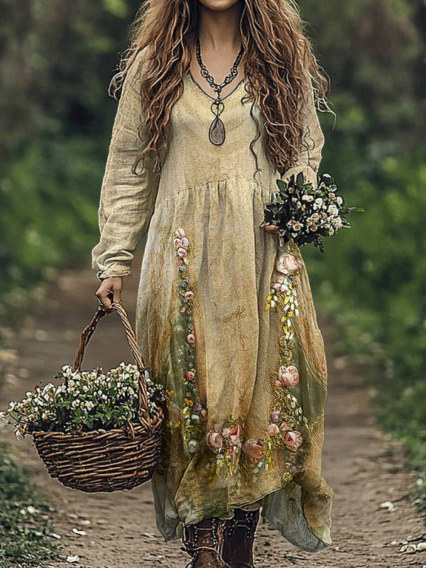 Womens Vintage Western Style V Neck Maxi Dress, Long Casual Dress for Everyday  Wear