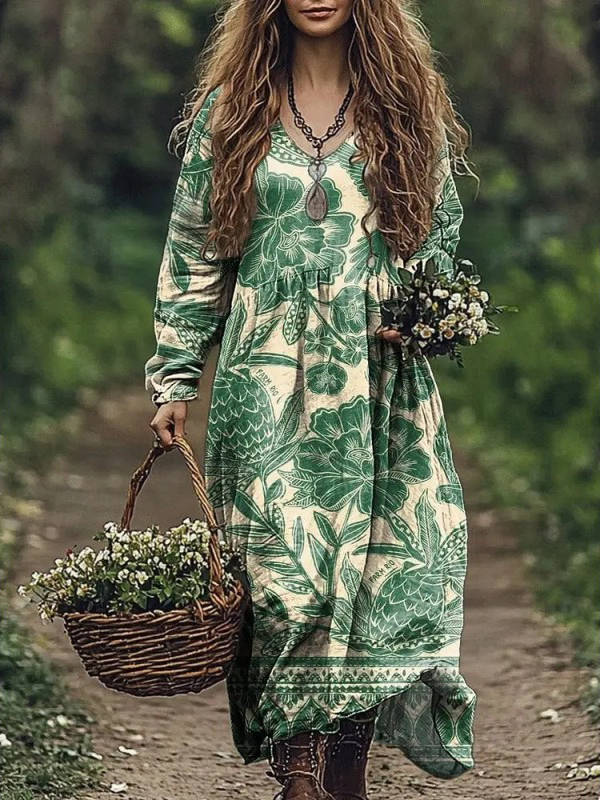 Womens Vintage Western Style V Neck Maxi Dress, Long Casual Dress for Everyday  Wear