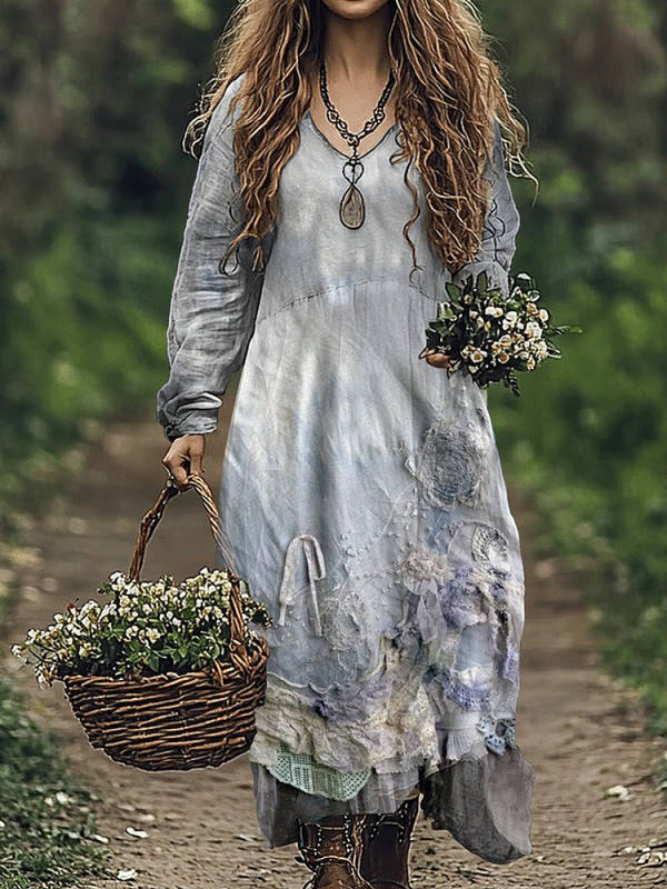 Womens Vintage Western Style V Neck Maxi Dress, Long Casual Dress for Everyday  Wear
