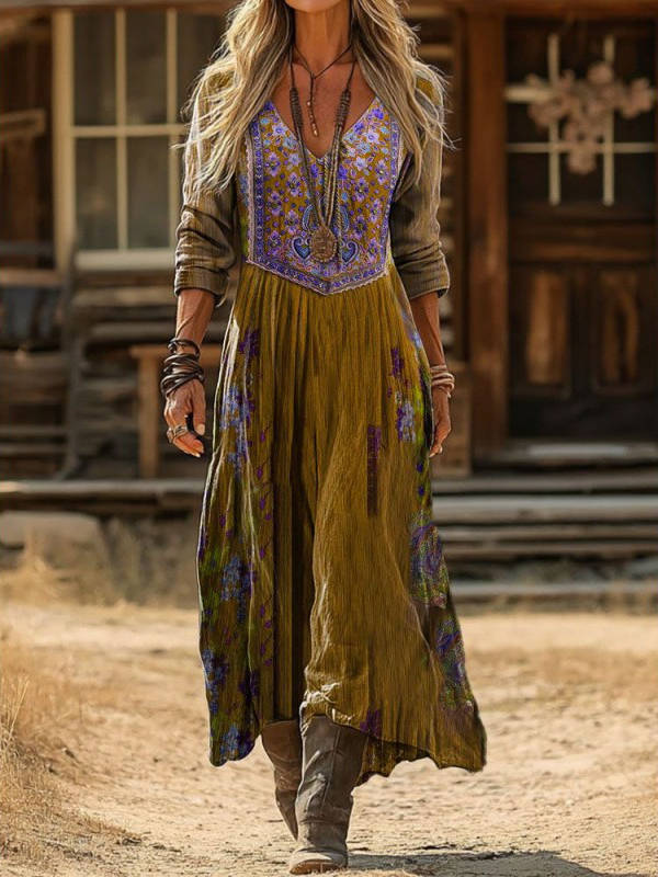 Womens Vintage Western Style V Neck Maxi Dress, Long Casual Dress for Everyday  Wear