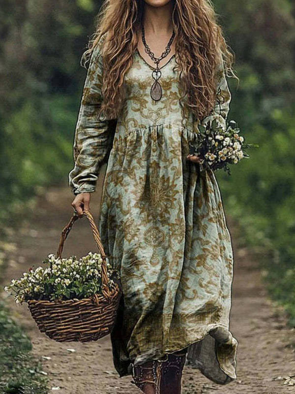 Womens Vintage Western Style V Neck Maxi Dress, Long Casual Dress for Everyday  Wear