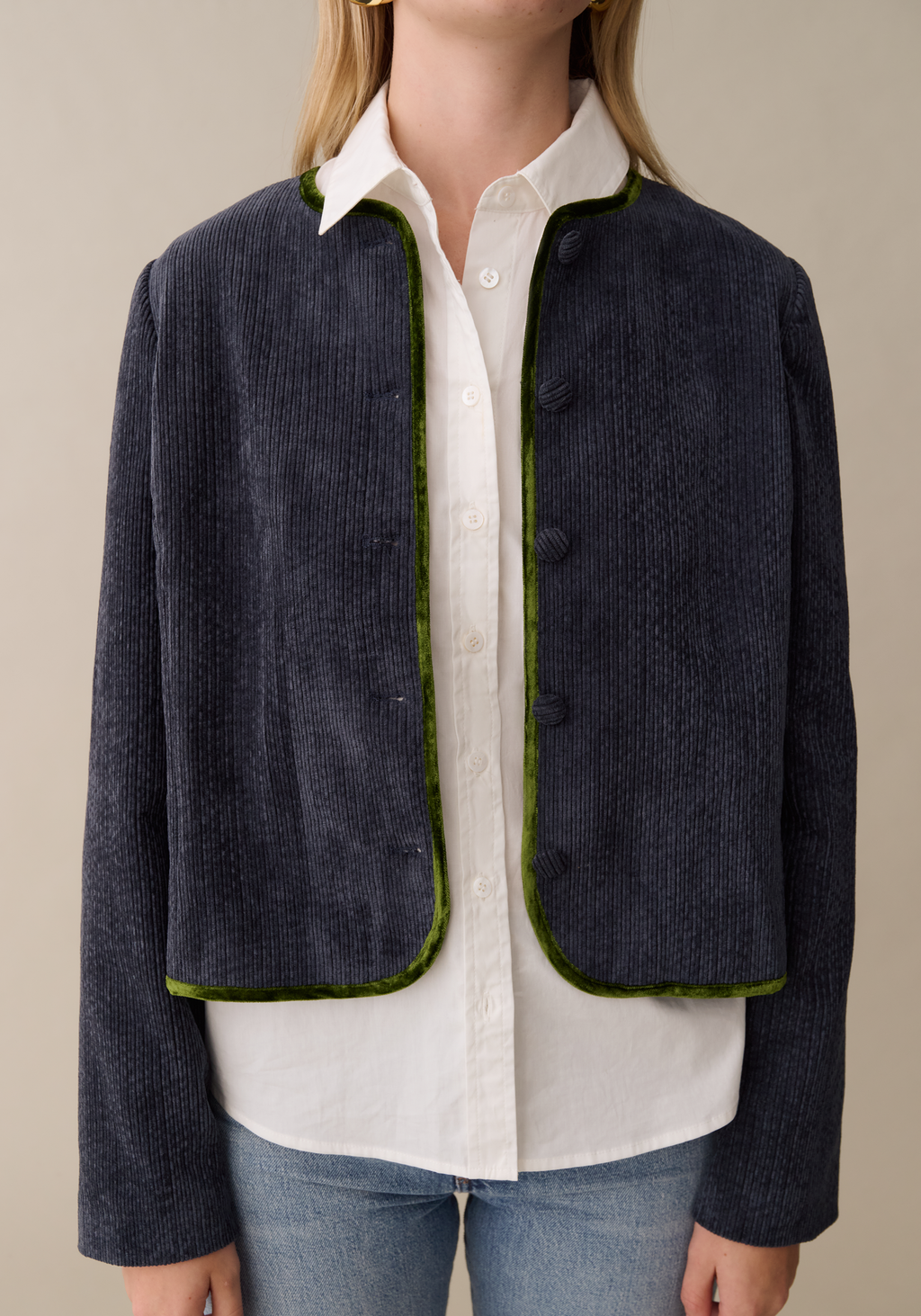 Womens Cropped Corduroy Jacket with Velvet Trim, Modern