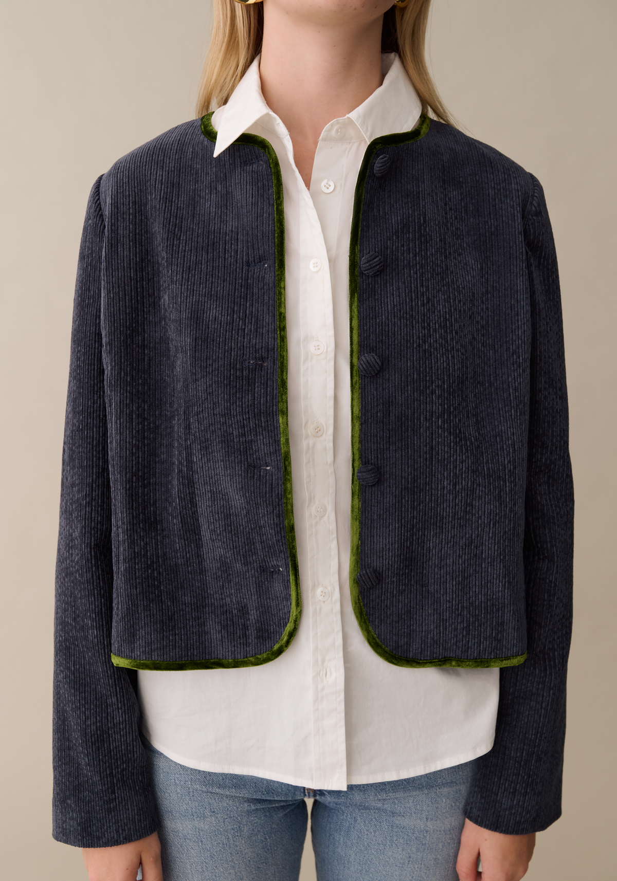 Womens Cropped Corduroy Jacket with Velvet Trim, Modern