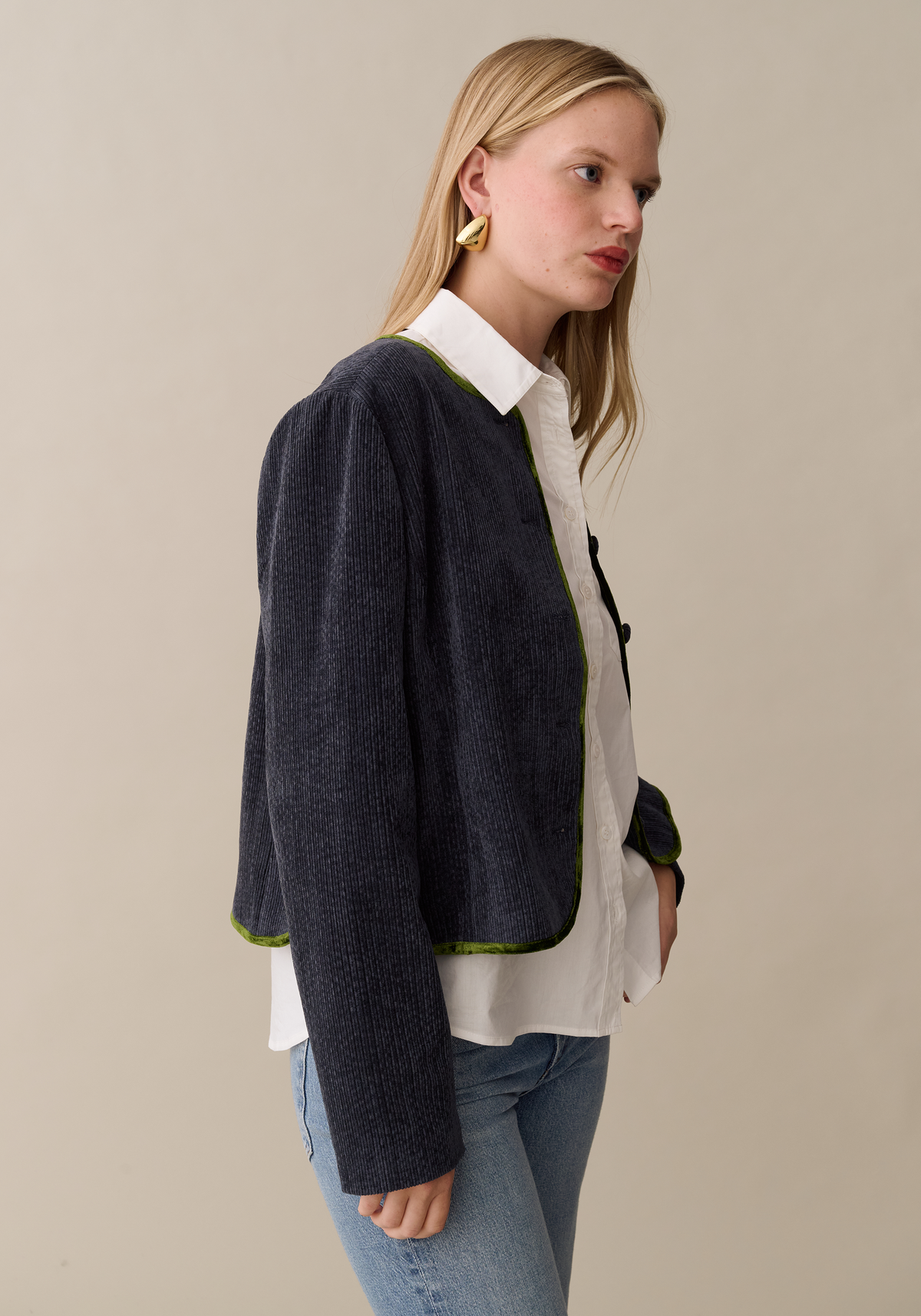 Womens Cropped Corduroy Jacket with Velvet Trim, Modern