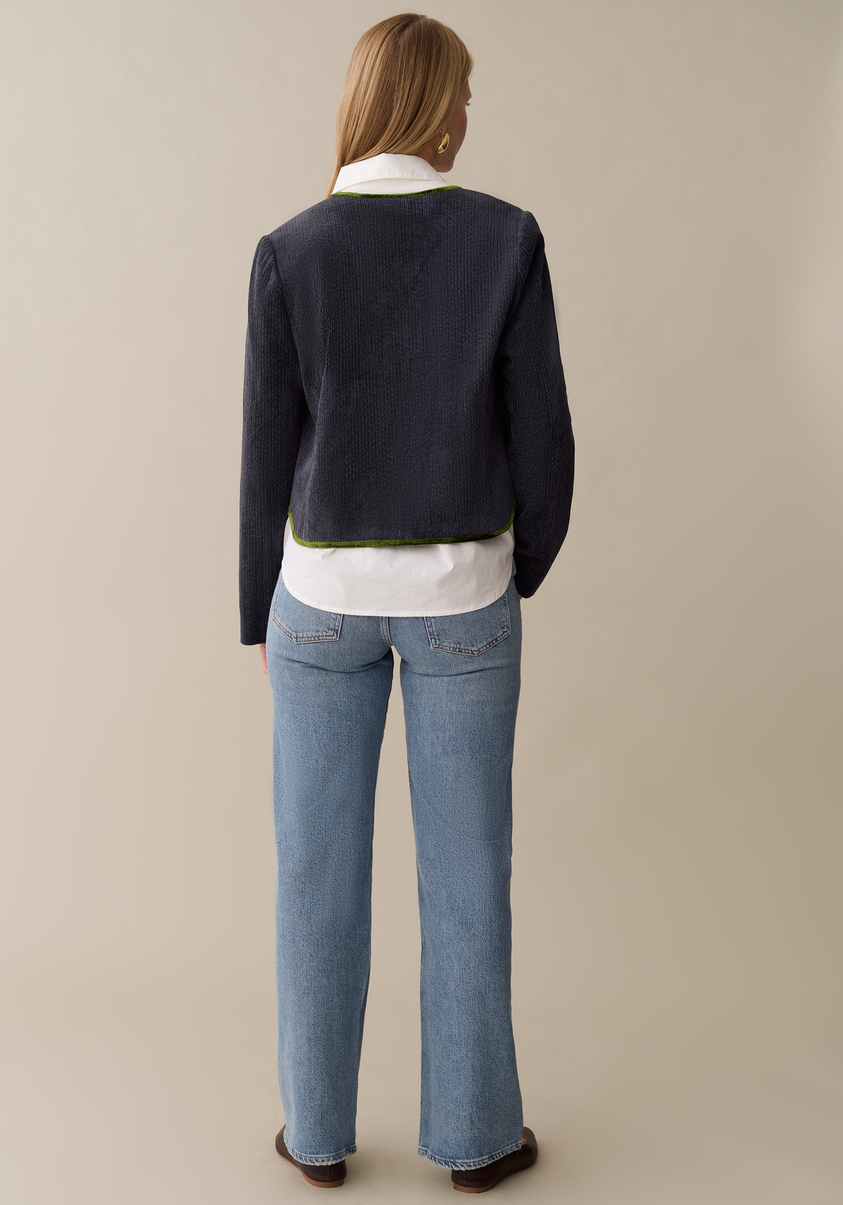 Womens Cropped Corduroy Jacket with Velvet Trim, Modern