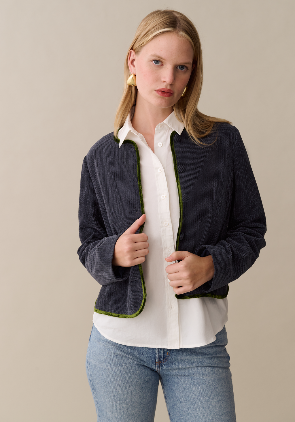 Womens Cropped Corduroy Jacket with Velvet Trim, Modern