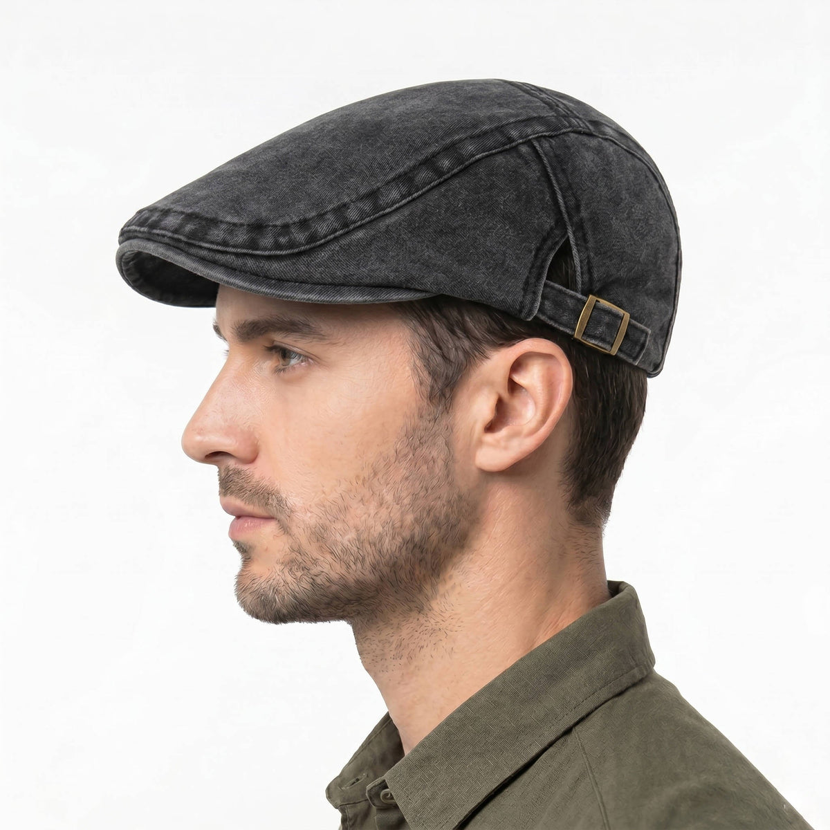 Mens Washed Denim Newsboy Cap, Vintage Adjustable Eight Panel Hat