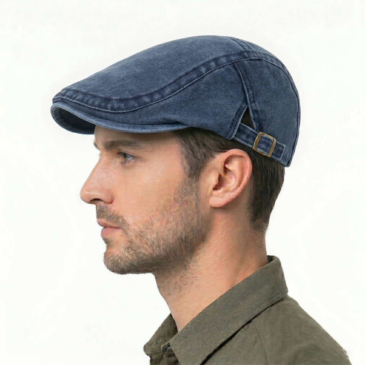 Mens Washed Denim Newsboy Cap, Vintage Adjustable Eight Panel Hat