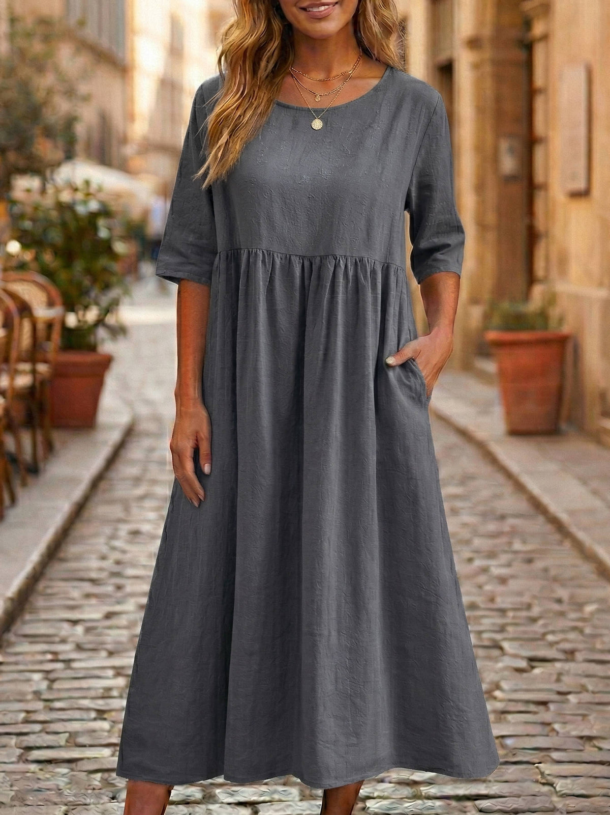 Linen Midi Dress with Empire Waist and Hidden Pockets, Three Quarter Sleeves