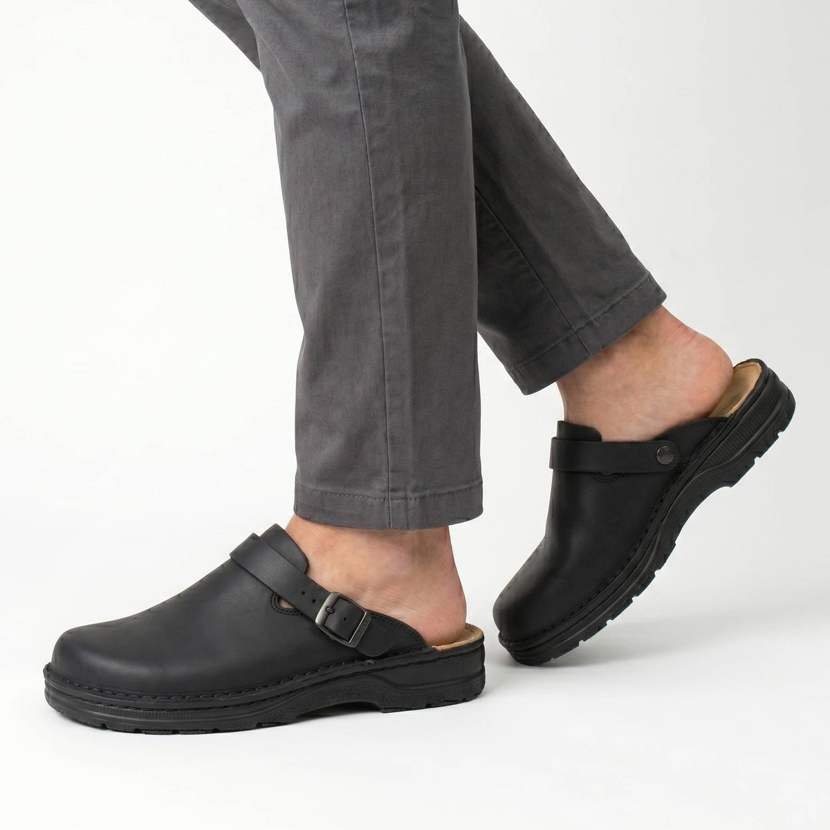 Mens Leather Clogs, Closed Toe Slip on Mules, Casual Buckle Strap Backless Comfort Shoes