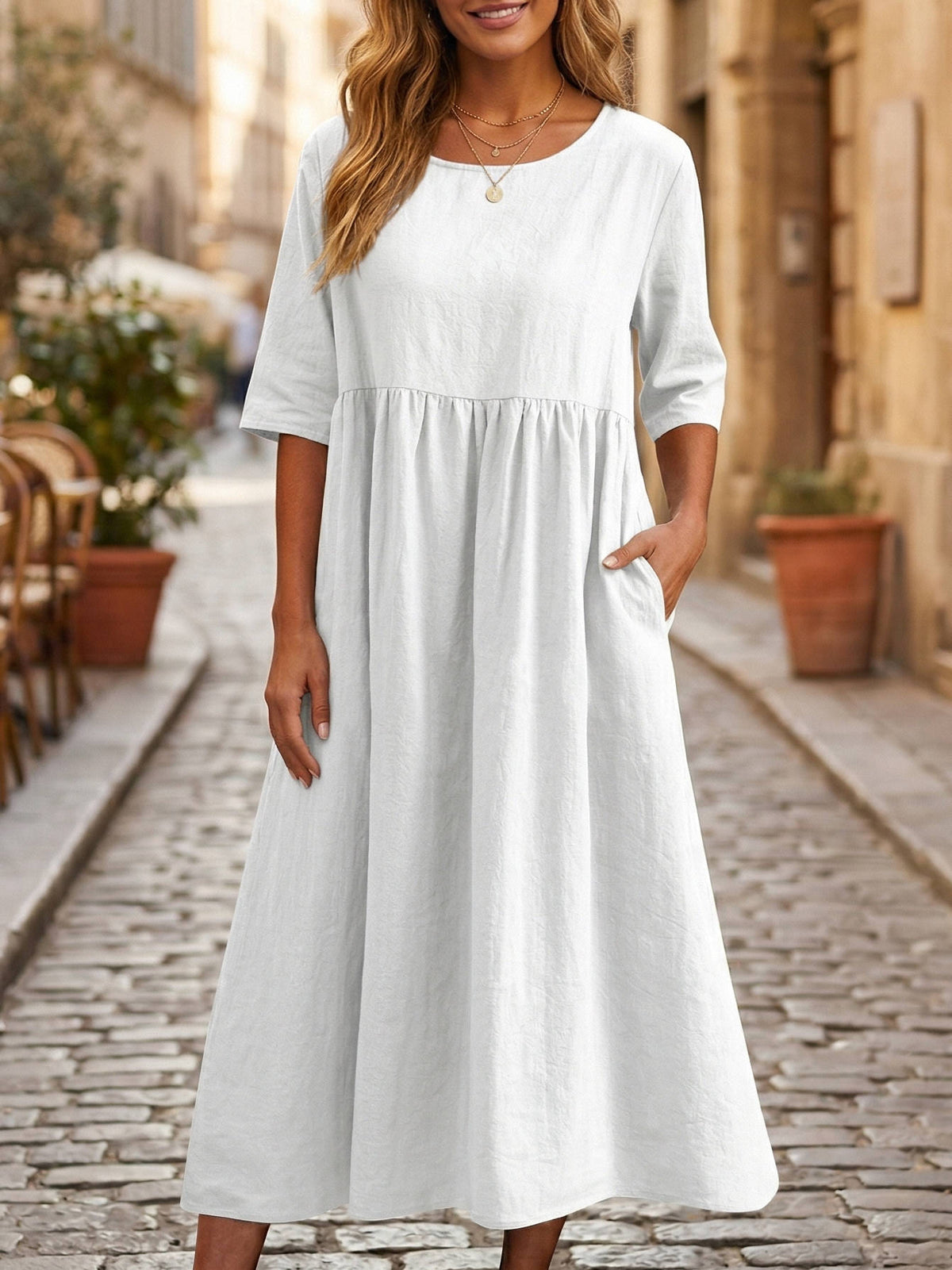 Linen Midi Dress with Empire Waist and Hidden Pockets, Three Quarter Sleeves