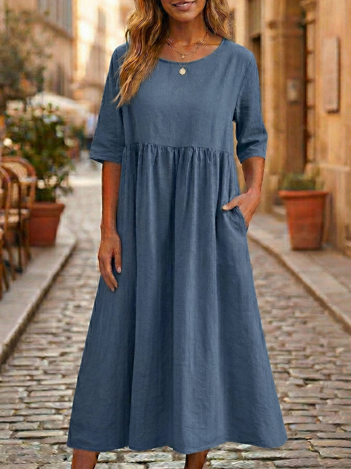 Linen Midi Dress with Empire Waist and Hidden Pockets, Three Quarter Sleeves