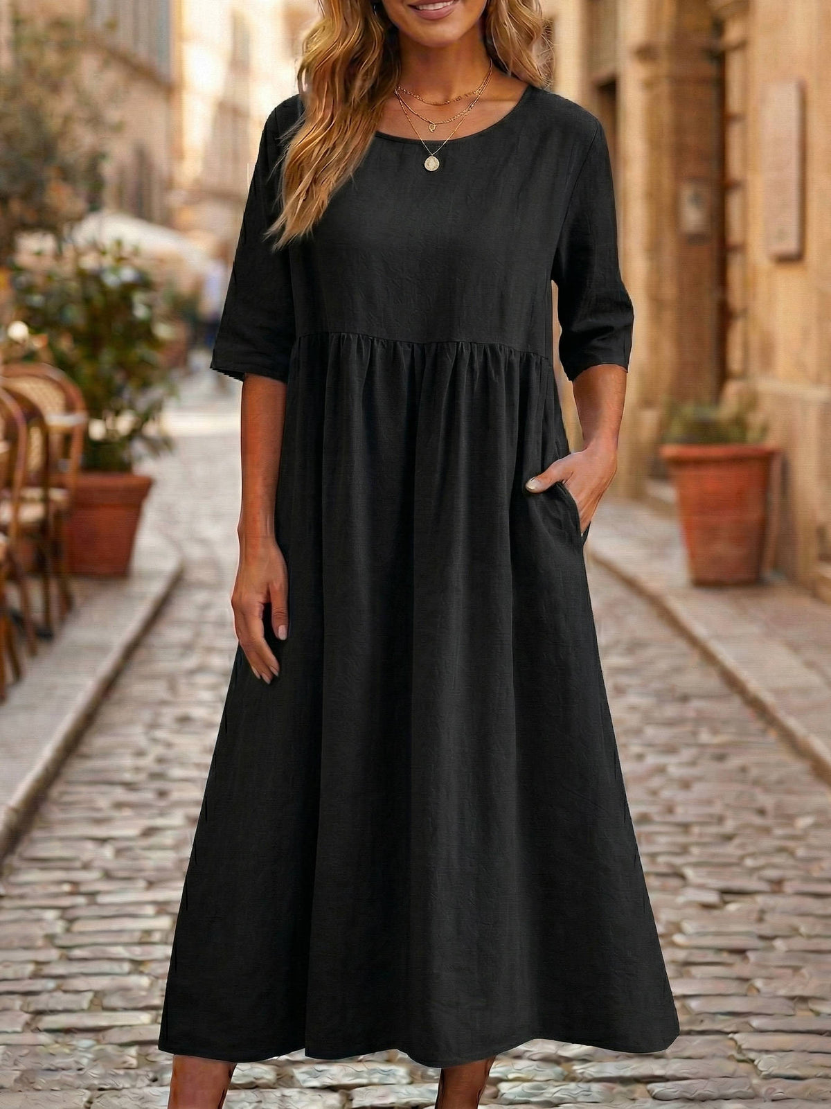 Linen Midi Dress with Empire Waist and Hidden Pockets, Three Quarter Sleeves