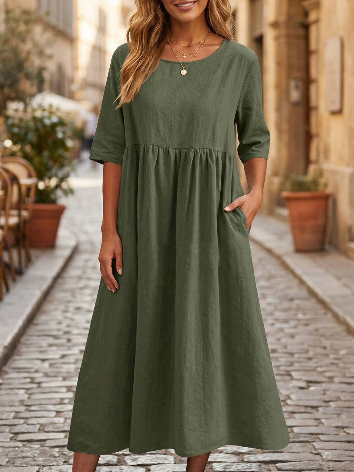 Linen Midi Dress with Empire Waist and Hidden Pockets, Three Quarter Sleeves