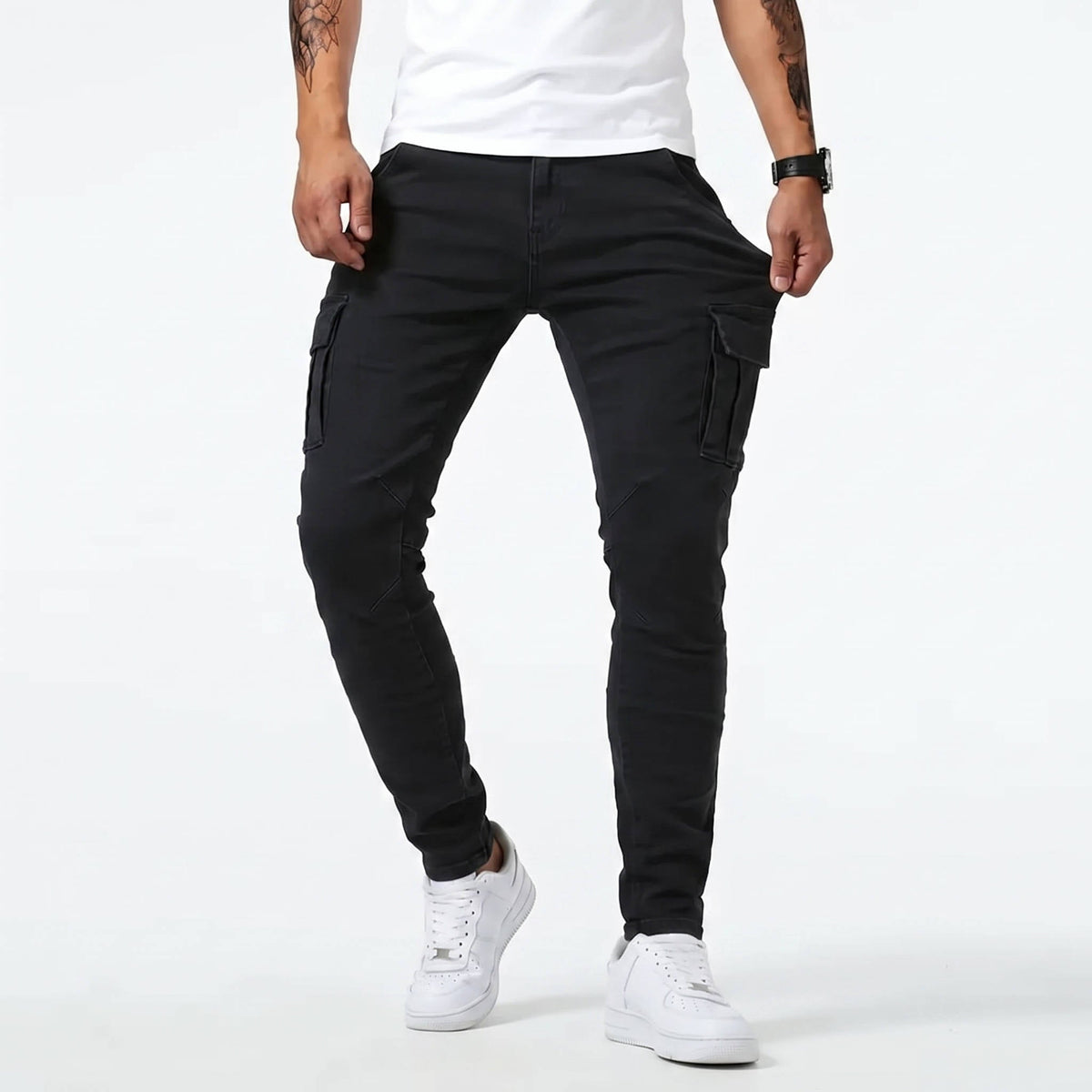 Mens Stretch Jeans Cargo Pants, Slim Fit Multi Pocket Denim Streetwear Trousers