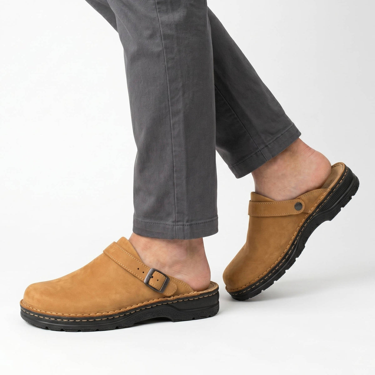 Mens Leather Clogs, Closed Toe Slip on Mules, Casual Buckle Strap Backless Comfort Shoes