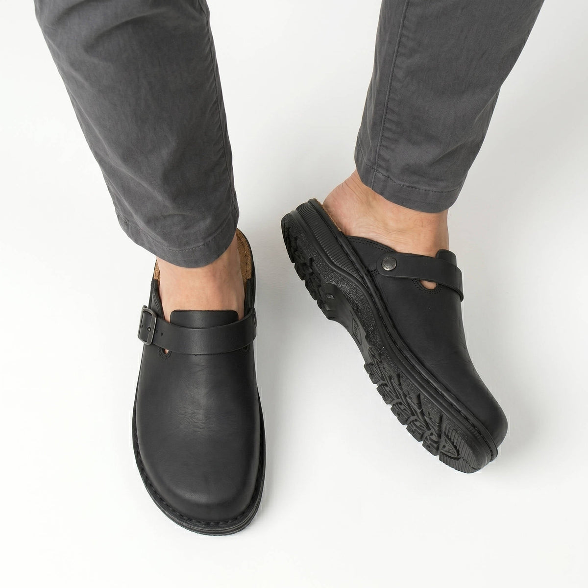 Mens Leather Clogs, Closed Toe Slip on Mules, Casual Buckle Strap Backless Comfort Shoes