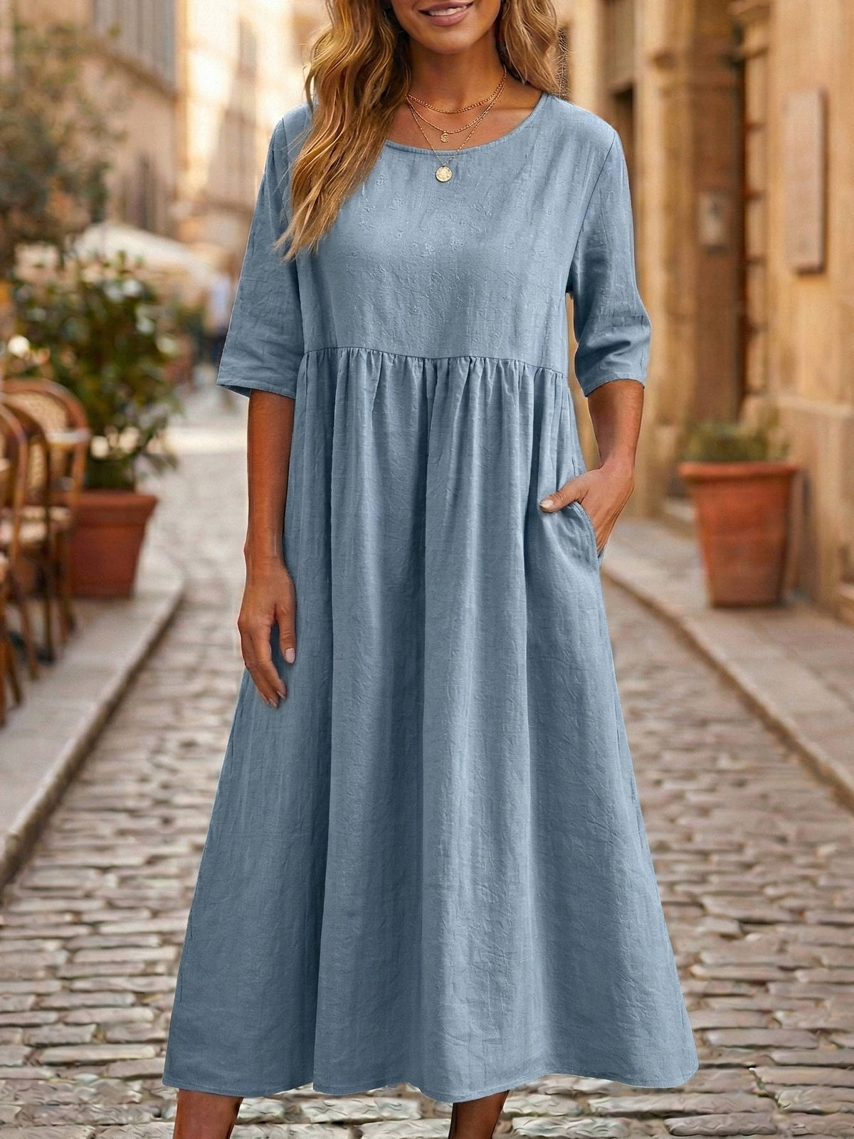 Linen Midi Dress with Empire Waist and Hidden Pockets, Three Quarter Sleeves