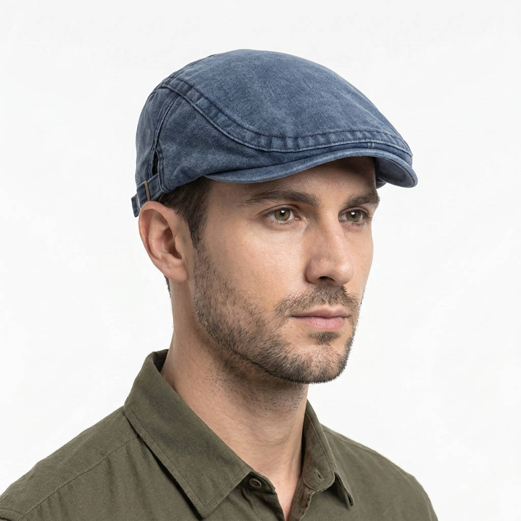 Mens Washed Denim Newsboy Cap, Vintage Adjustable Eight Panel Hat