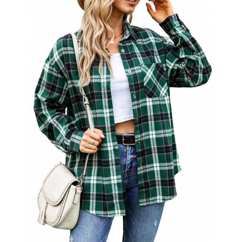 Womens Flannel Plaid Shirt, Soft Button Down Shirt, Roll Up Long Sleeve Flannel Plaid Blouse for Women