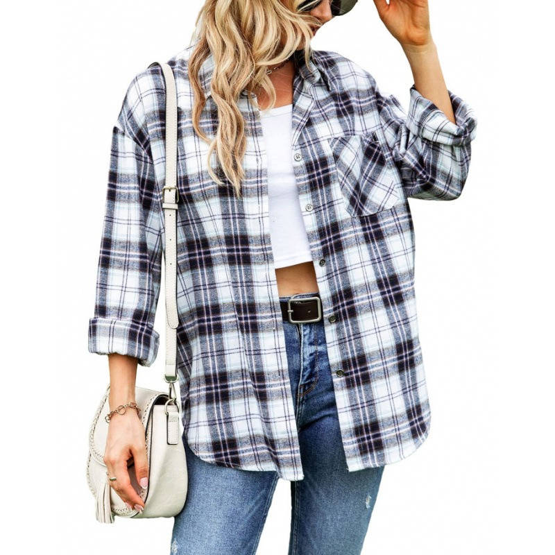 Womens Flannel Plaid Shirt, Soft Button Down Shirt, Roll Up Long Sleeve Flannel Plaid Blouse for Women