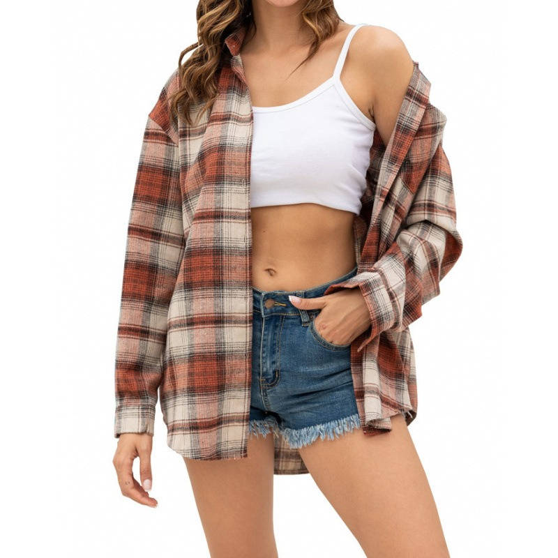 Womens Flannel Plaid Shirt, Soft Button Down Shirt, Roll Up Long Sleeve Flannel Plaid Blouse for Women