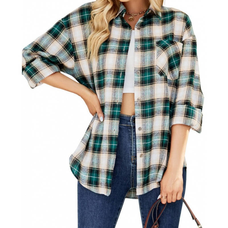 Womens Flannel Plaid Shirt, Soft Button Down Shirt, Roll Up Long Sleeve Flannel Plaid Blouse for Women
