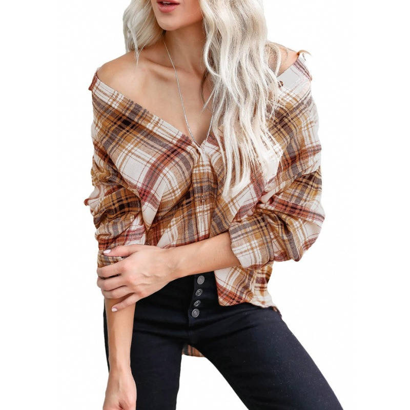Womens Flannel Plaid Shirt, Soft Button Down Shirt, Roll Up Long Sleeve Flannel Plaid Blouse for Women