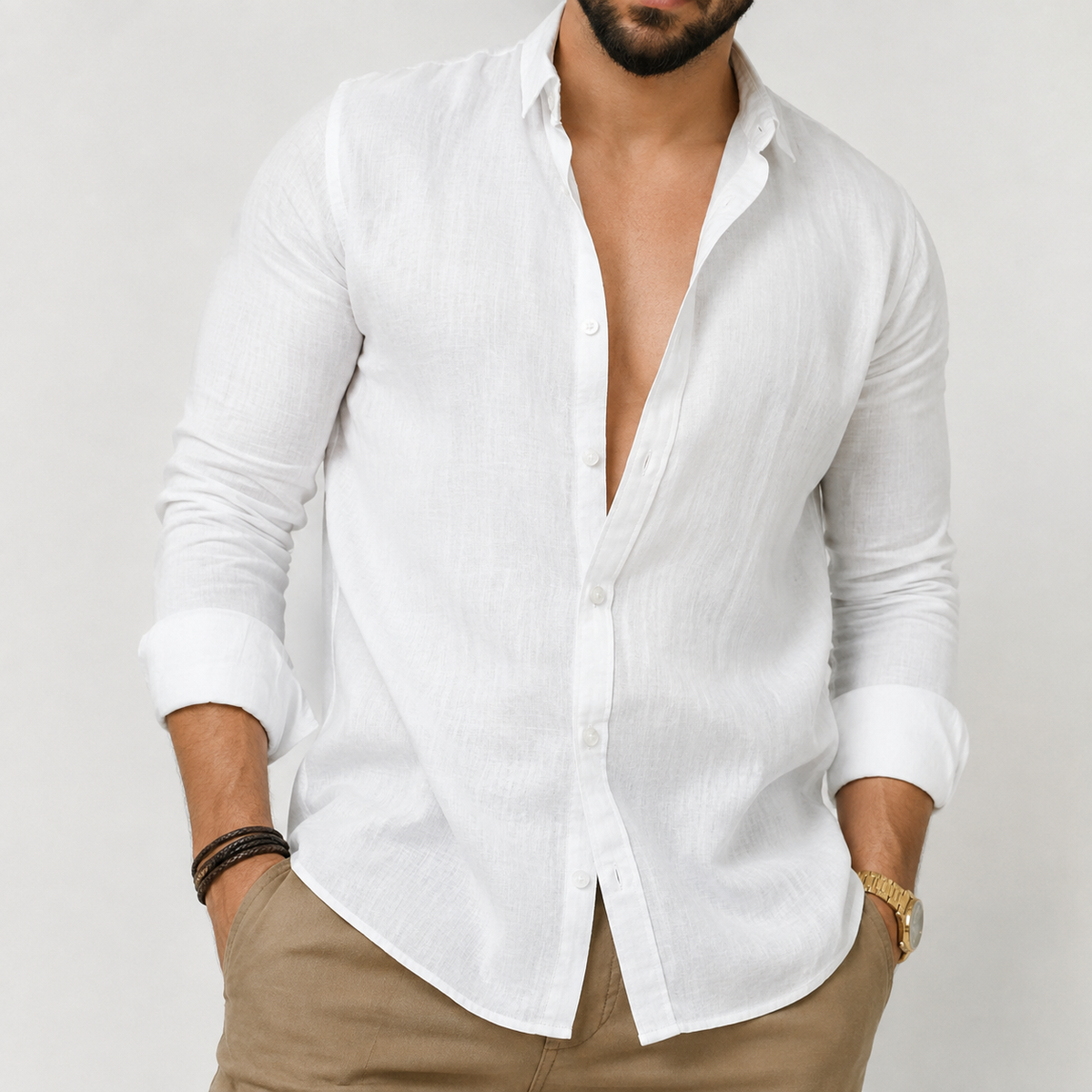 Men's Button-Front Long Sleeve Shirt with Tailored Fit and Breathable Fabric