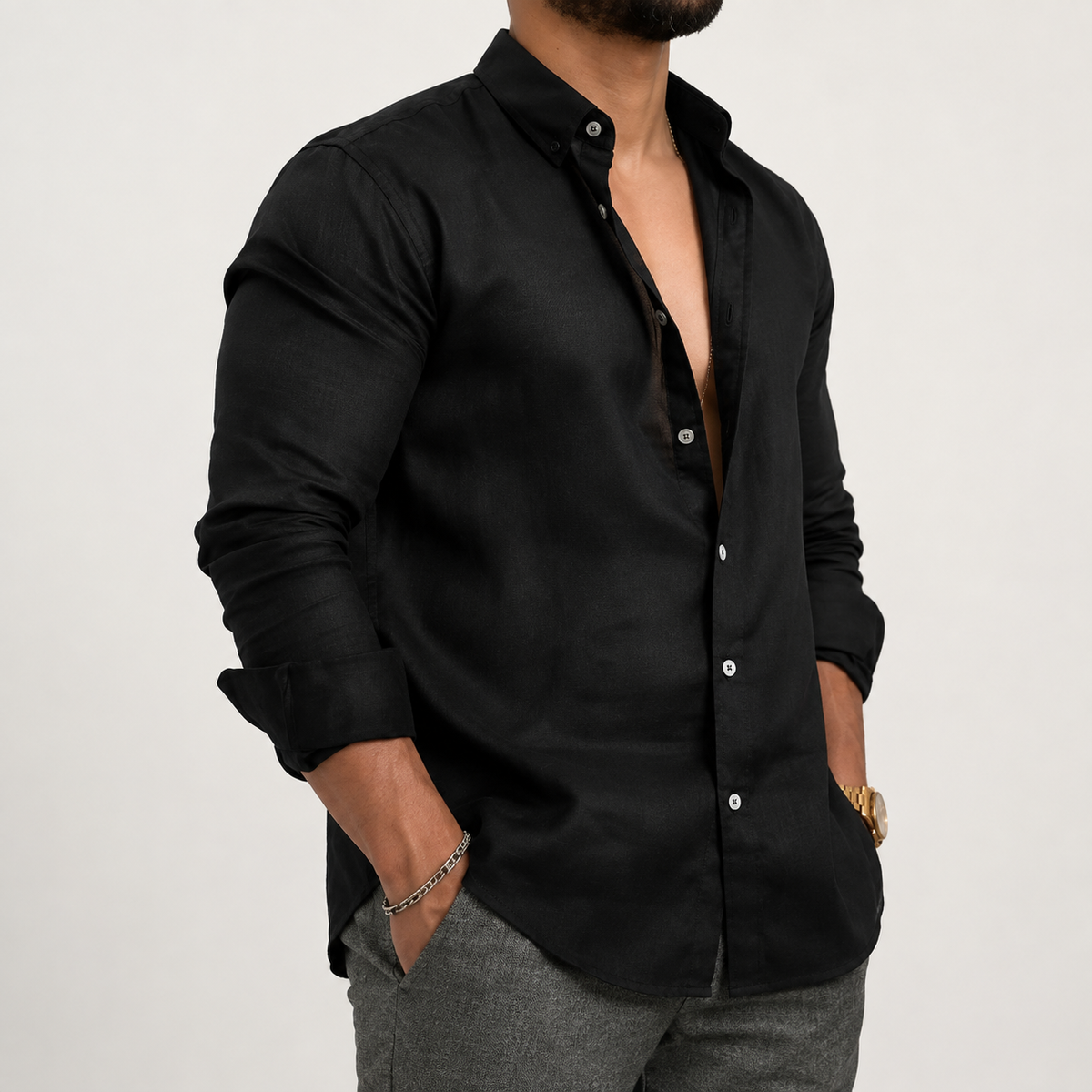 Men's Button-Front Long Sleeve Shirt with Tailored Fit and Breathable Fabric