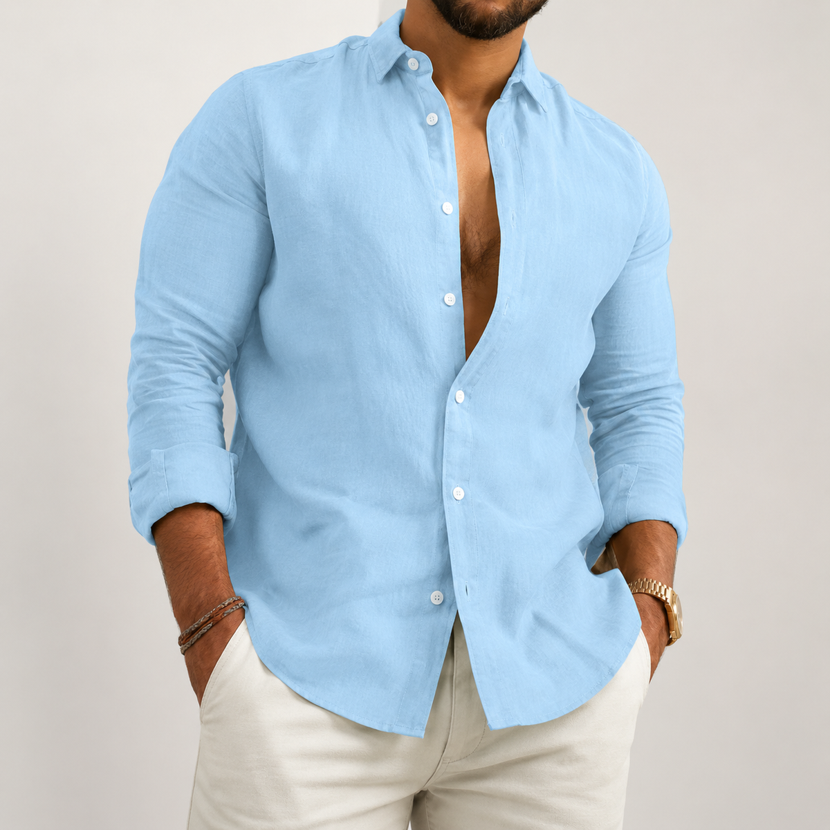 Men's Button-Front Long Sleeve Shirt with Tailored Fit and Breathable Fabric