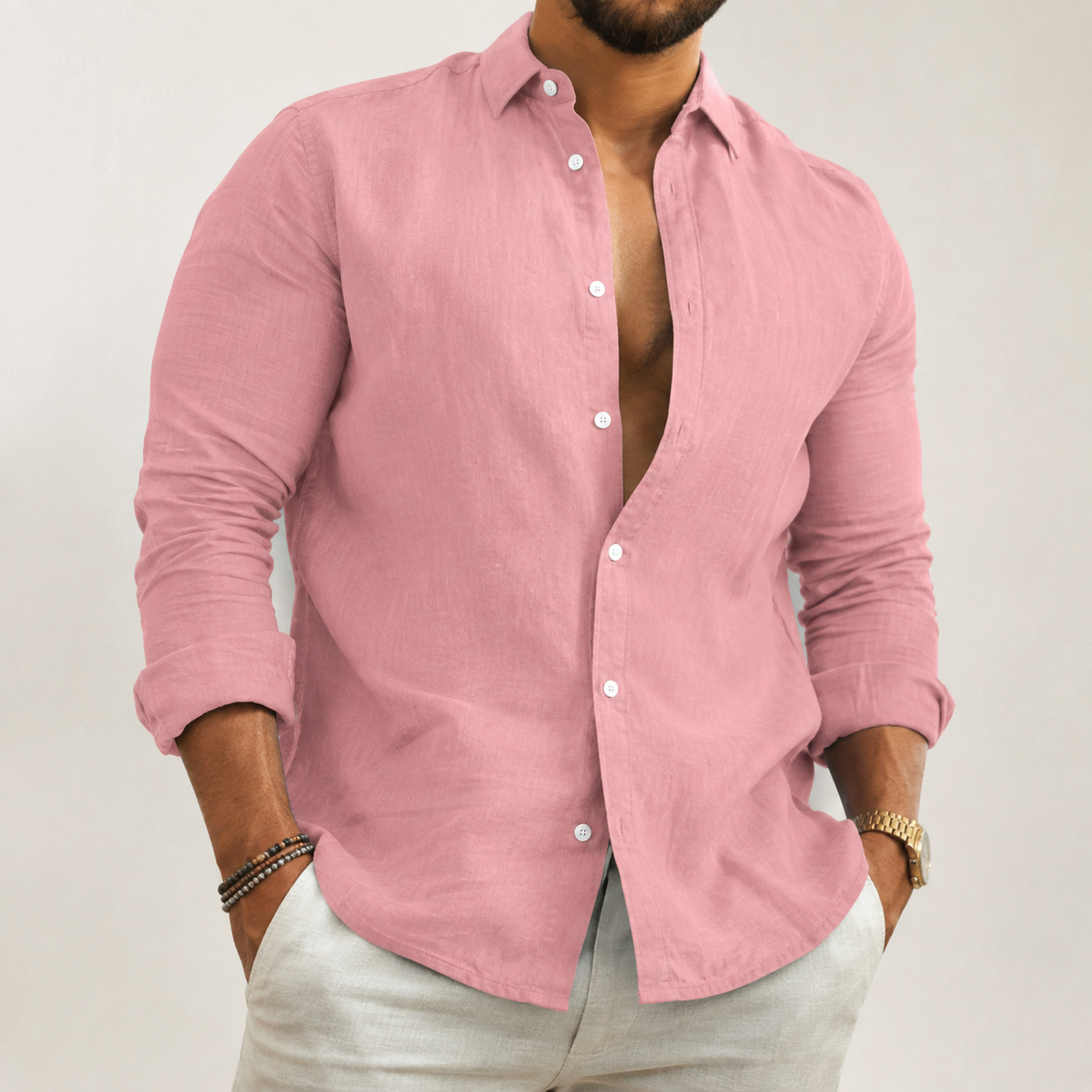 Men's Button-Front Long Sleeve Shirt with Tailored Fit and Breathable Fabric