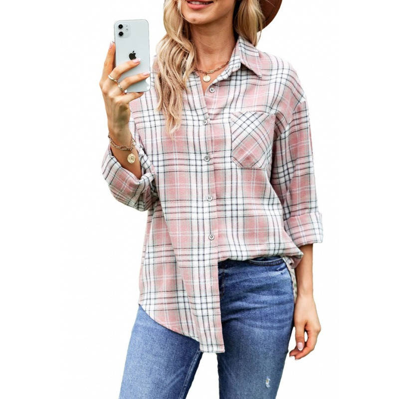 Womens Flannel Plaid Shirt, Soft Button Down Shirt, Roll Up Long Sleeve Flannel Plaid Blouse for Women