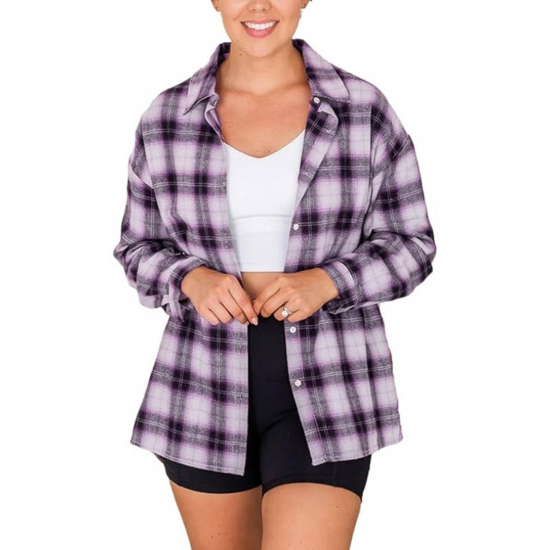 Womens Flannel Plaid Shirt, Soft Button Down Shirt, Roll Up Long Sleeve Flannel Plaid Blouse for Women
