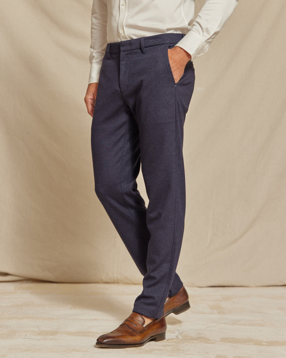 Mens Brushed Stretch Navy Blue Chino Pants, Slim Fit