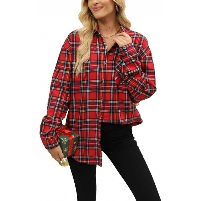 Womens Flannel Plaid Shirt, Soft Button Down Shirt, Roll Up Long Sleeve Flannel Plaid Blouse for Women