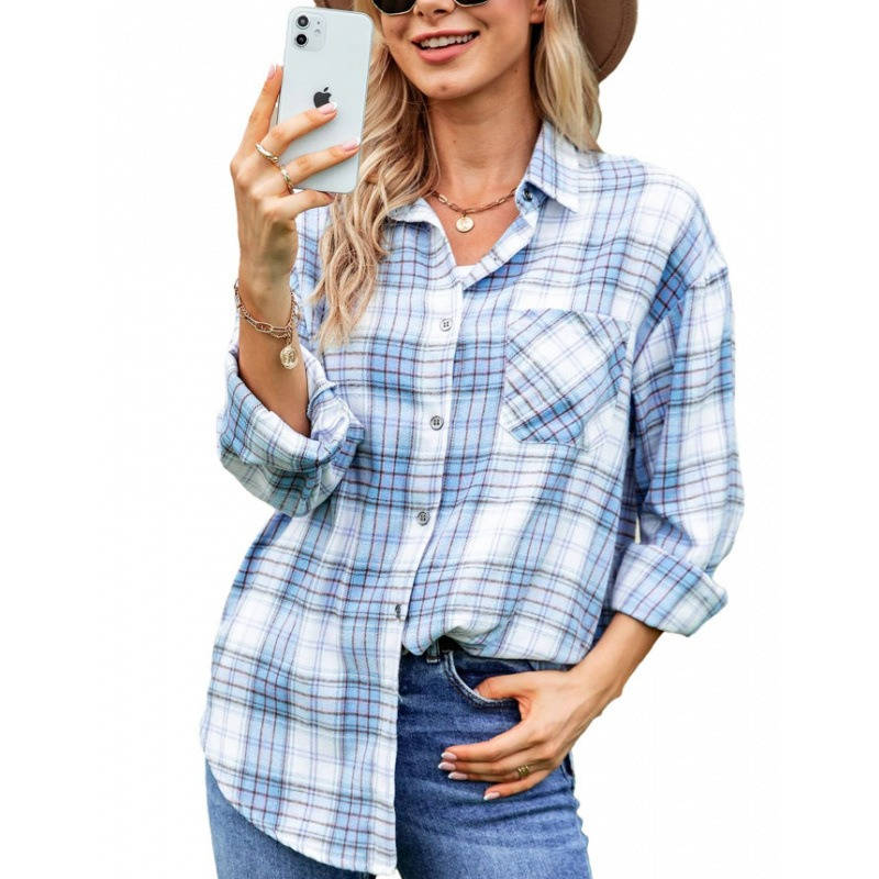 Womens Flannel Plaid Shirt, Soft Button Down Shirt, Roll Up Long Sleeve Flannel Plaid Blouse for Women