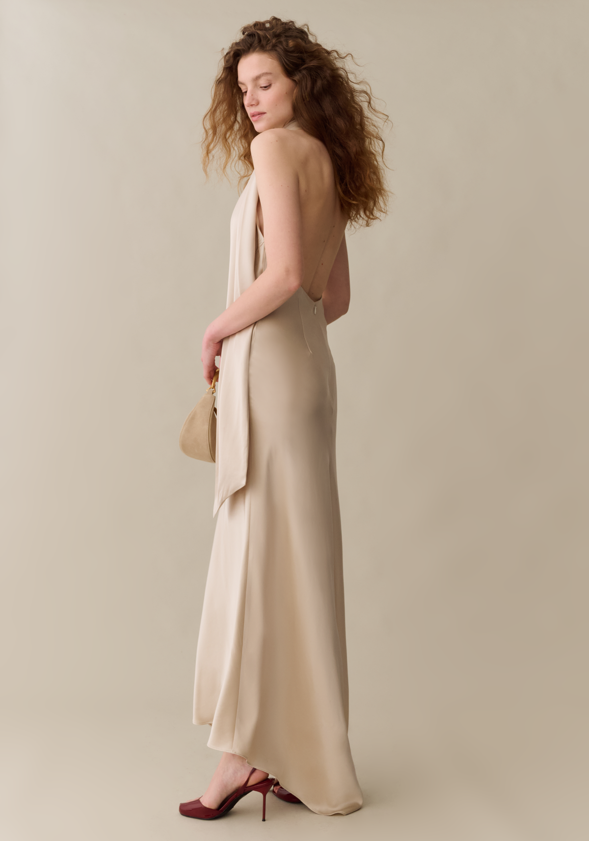 Womens Elegant Maxi Dress with Plunging Back & Scarf, Silky
