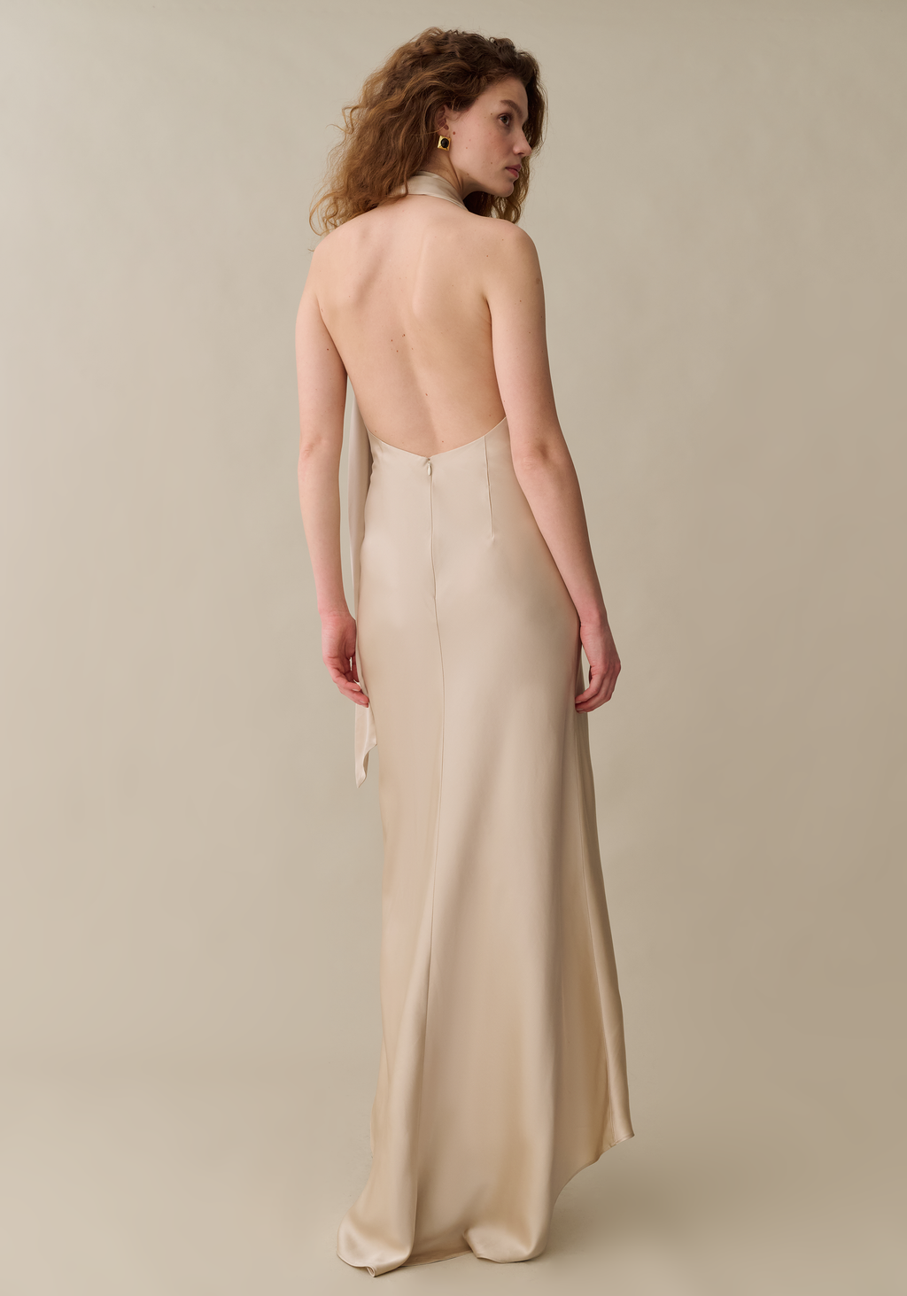 Womens Elegant Maxi Dress with Plunging Back & Scarf, Silky