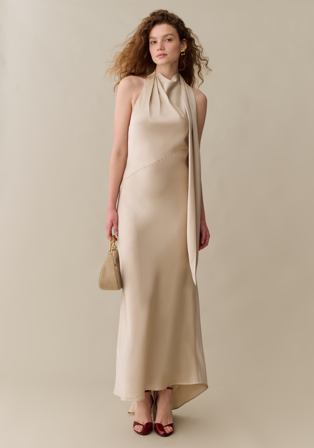 Womens Elegant Maxi Dress with Plunging Back & Scarf, Silky