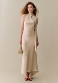 Womens Elegant Maxi Dress with Plunging Back & Scarf, Silky