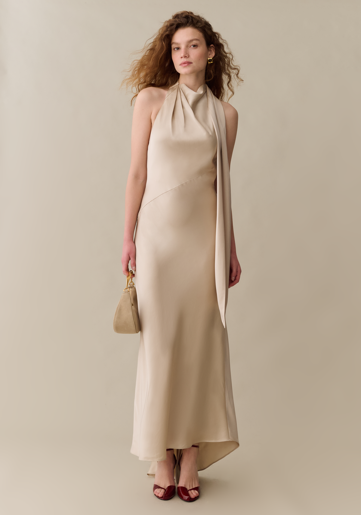 Womens Elegant Maxi Dress with Plunging Back & Scarf, Silky