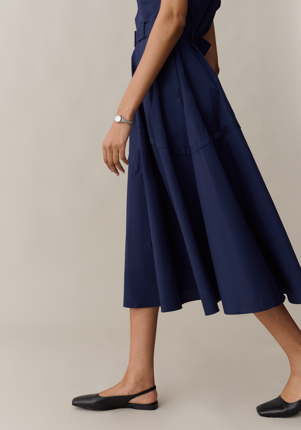 Womens Elegant Midi Dress with Belt & Pockets, A-Line