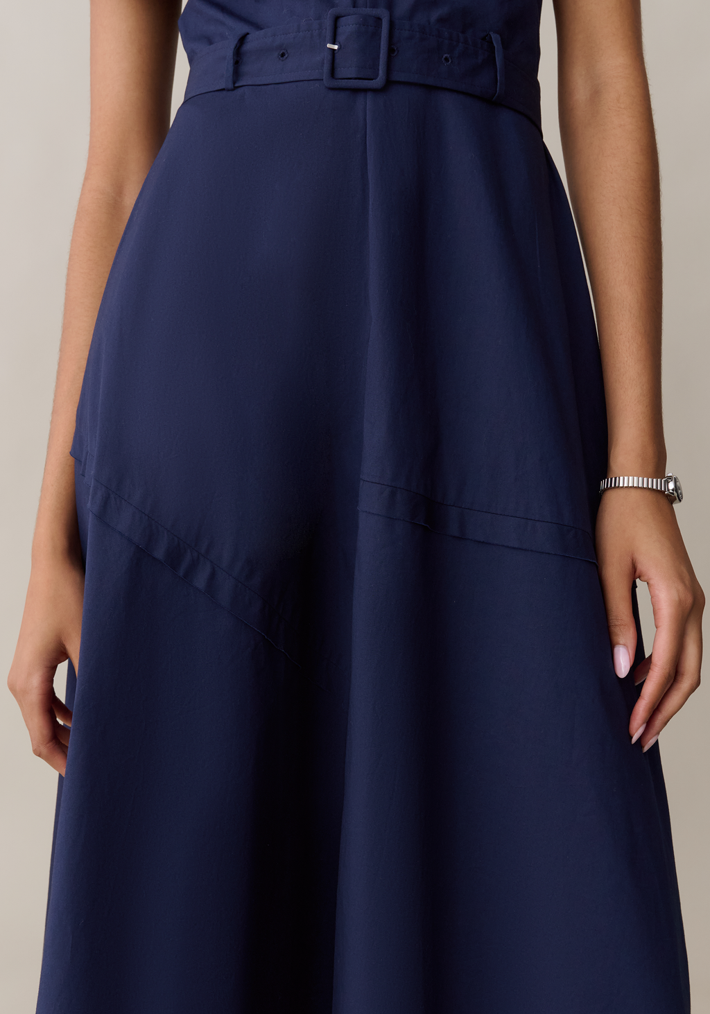 Womens Elegant Midi Dress with Belt & Pockets, A-Line
